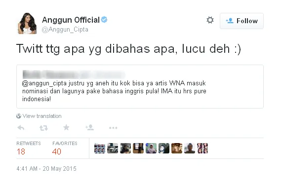 Tweet Anggun menjawab kritikan pedas haters / © Twitter