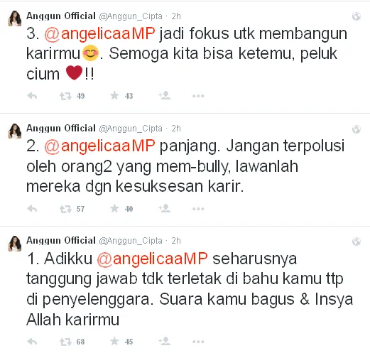 Tweet pembelaan Anggun pada Angel / © Twitter