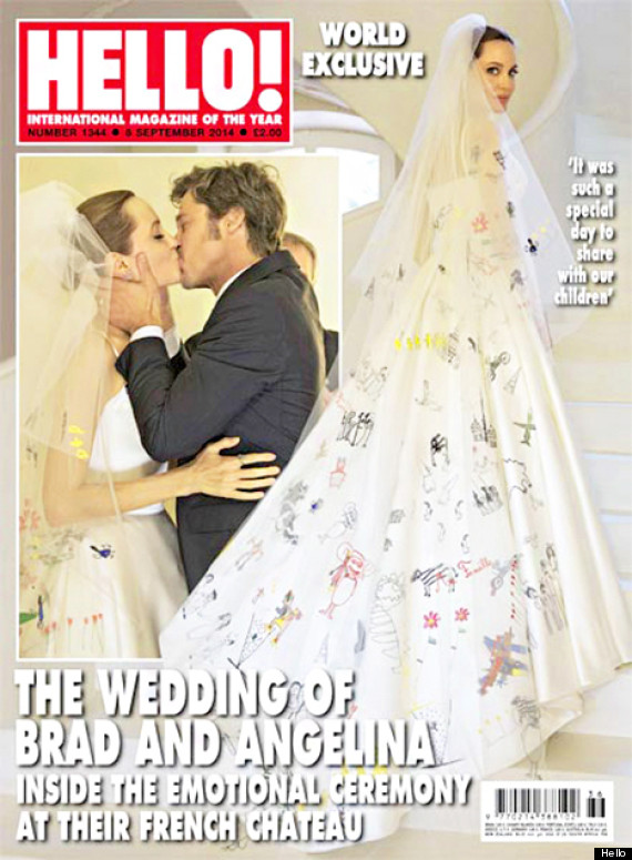 Penampakan belakang gaun pengantin dan wedding veil Angelina Jolie @ Hello Magazine