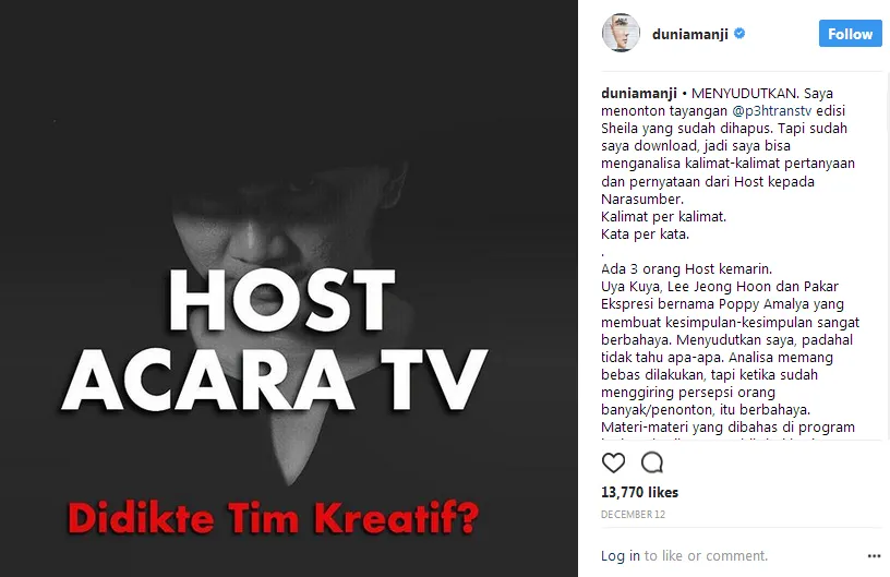 Anji permasalahkan host P3H / Credit: @duniamanji