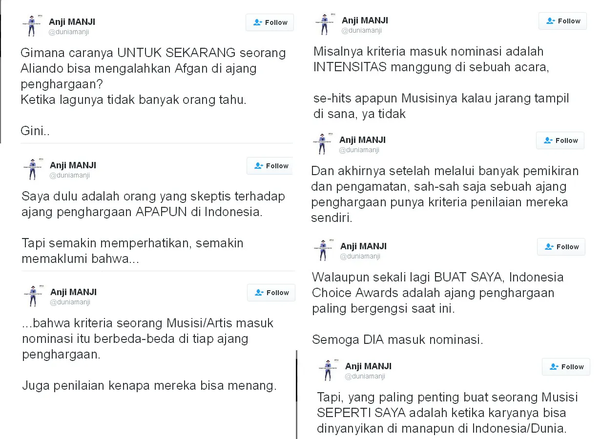 Komentar Anji tentang kemenangan Aiando © Twitter.com/duniamanji
