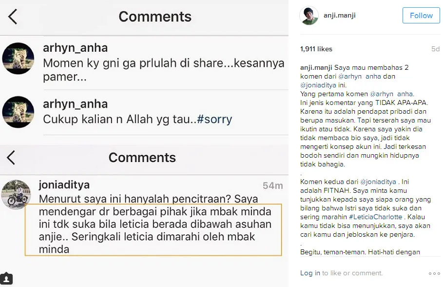 Anji marah dengan komentar ngawur salah seorang netizen © Instagram.com/anji.manji