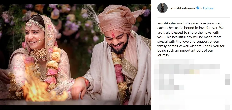 Anushka Sharma resmi menikah dengan Virat Kohli ©instagram/anushkasharma