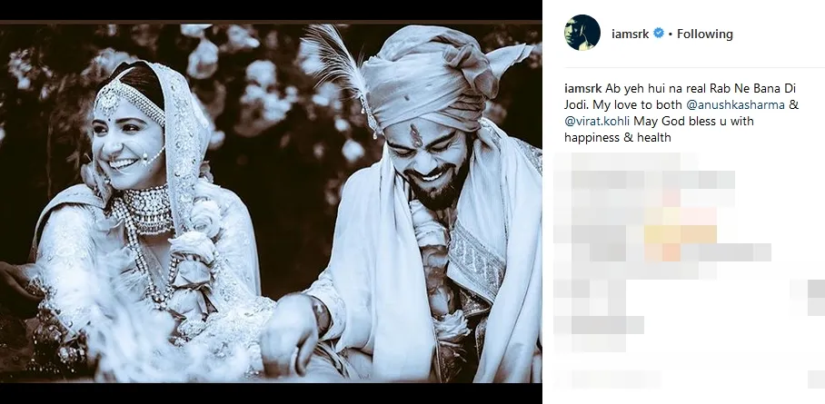 SRK beri selamat buat Anushka Sharma dan Virat Kohli ©instagram/iamsrk