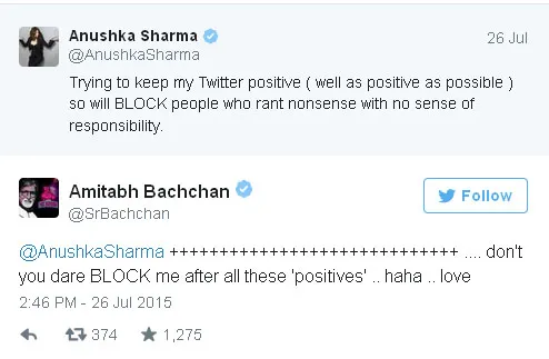 Amitabh Bachchan merespon santai kicauan Anushka Sharma @twitter.com/AnushkaSharma/SrBachchan