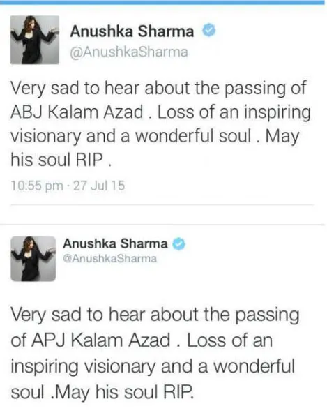 Tak hanya sekali, Anushka Sharma salah tulis nama mantan presiden India itu berkali-kali @twitter.com/AnushkaSharma