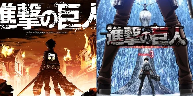 Perbedaan poster Attack on Titan Season 1 (merah) dan Season 3 (biru), mana menurutmu yang lebih baik? © Movie Pilots