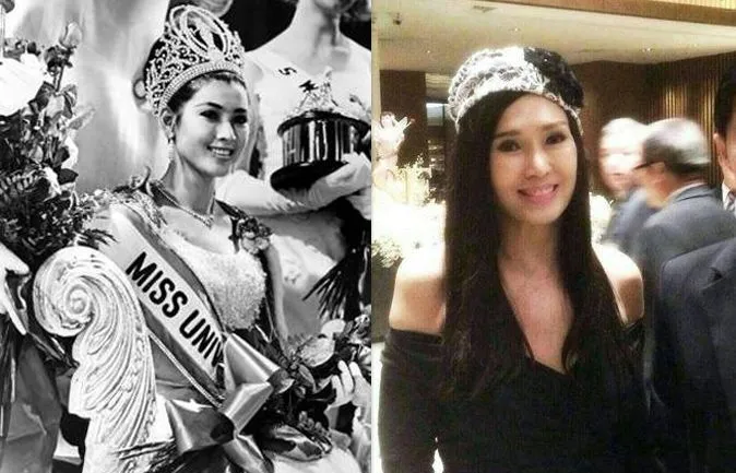 Foto kiri Apasra saat memenangkan Miss Universe, kanan fotonya yang diambil baru-baru ini. ©Coconut Bangkok