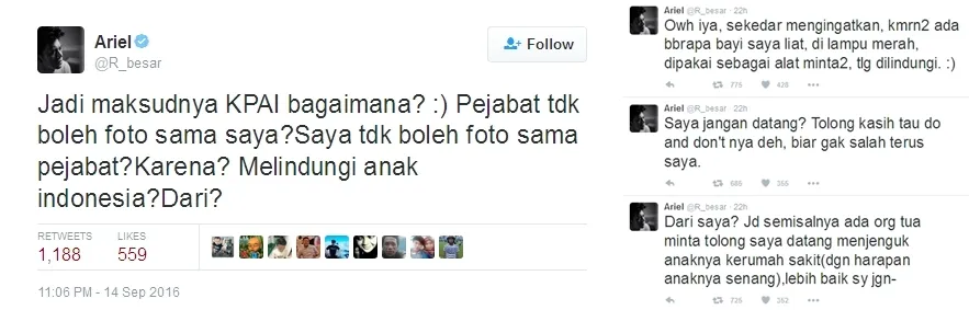 Ariel mempertanyakan alasan KPAI melarang pejabat foto dengannya ©twitter/r_besar