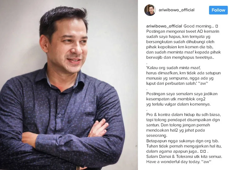 Klarifikasi Ari Wibowo setelah hapus postingannya tentang Ahmad Dhani. ©Instagram/ariwibowo_official