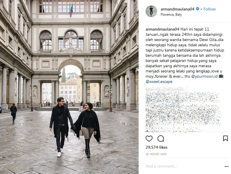 Tulisan manis Armand Maulana untuk sang istri. Credit: via instagram.com/armandmaulana04