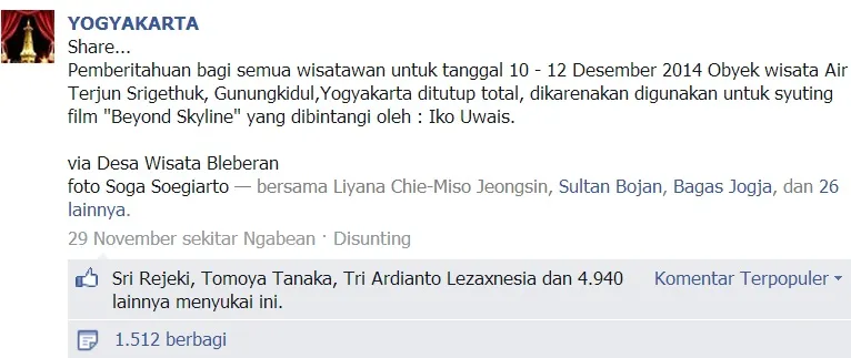 Status akun Yogya yang kemudian jadi  pembicaraan hangat di FB. (Dok. Facebook)