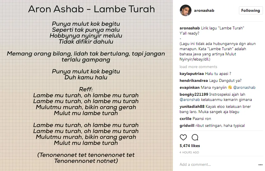 Lirik 'Lambe Turah' Aron Ashab © Instagram/aronashab