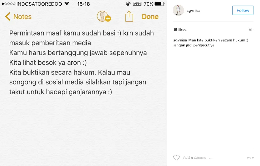 Permintaan maaf Aron sudah terlambat © Instagram/sgvnisa