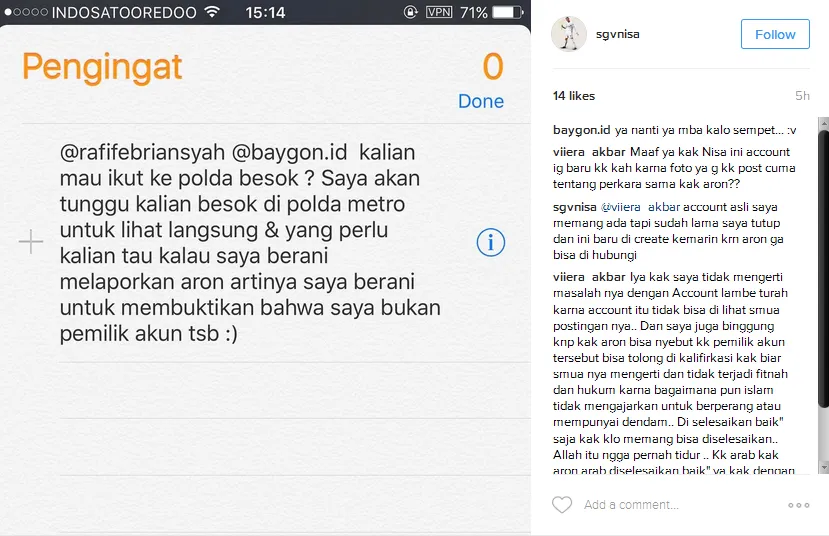 Nisa laporkan Aron ke polisi © Instagram/sgvnisa
