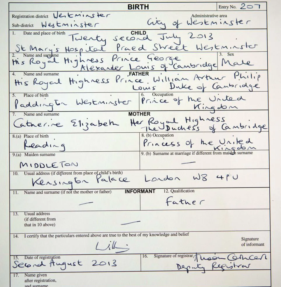 Formulir pendaftaran akte kelahiran Pangeran George. @dailymail.co.uk
