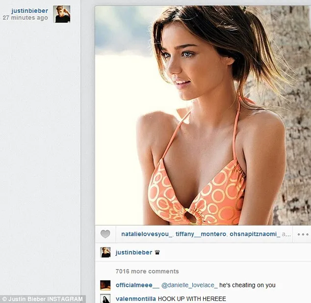 Foto Miranda Kerr yang diunggah Justin Bieber, sebelum akhirnya ia hapus sendiri. | Foto: Instagram Justin Bieber