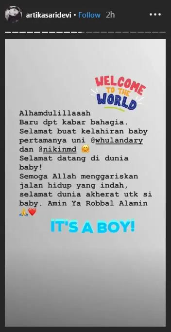 Artika Sari Devi ucapkan selamat untuk Whulan © Instagram/artikasaridevi