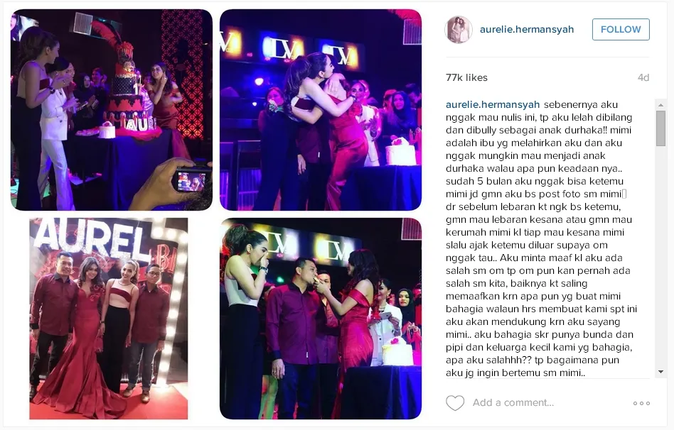 Curhat Aurel di sosmed tentang ketidakhadiran sang ibu di perayaan ulang tahun berakibat panjang. ©instagram.com/aurelie.hermansyah