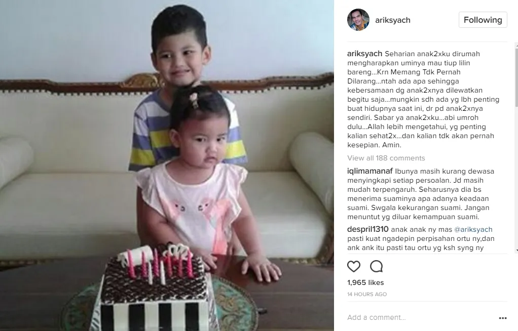 Atalarik memposting foto dua anaknya yang merayakan ulang tahun sang ibu di rumah namun Marwa tak datang. © instagram.com/ariksach
