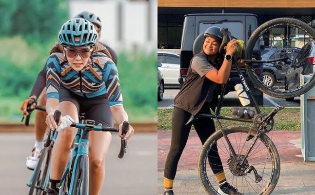 Gisella Anastasia (credit Akaravisual via Instagram/@gisel_la) and Nirina Zubir (via Instagram/@nirinazubir_) enjoy cycling.