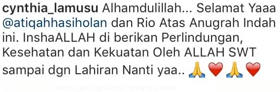 Cynthia Lamusu ikut berbahagia dengan kehamilan Atiqah ©instagram/atiqahhasiholan