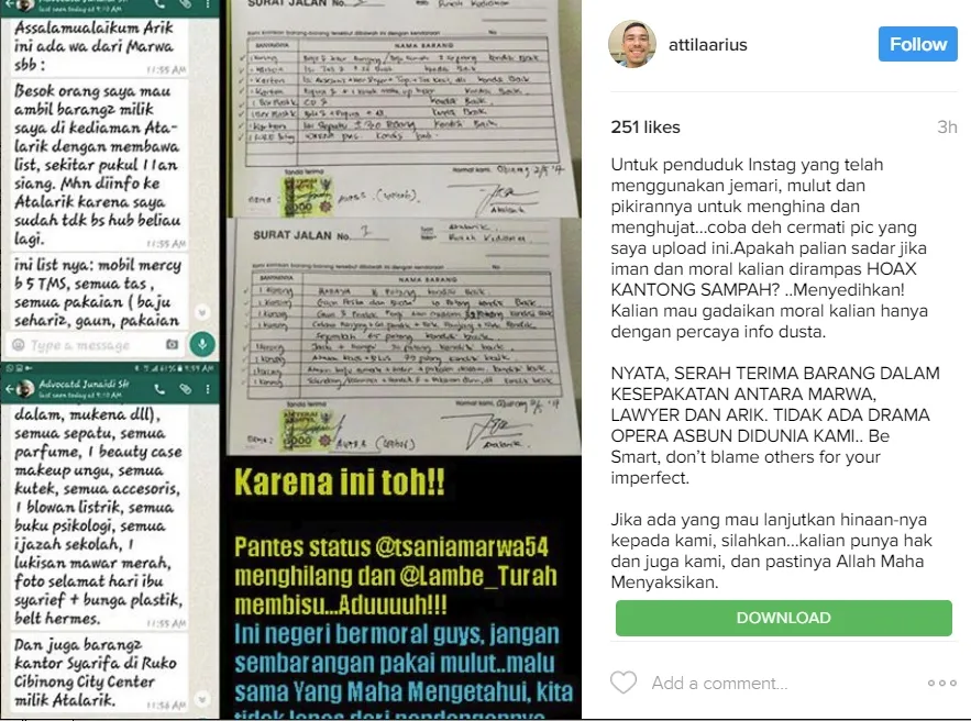 Attila Syah mengungkap ada serah terima barang dalam kesepakatan antara Marwa, Lawyer dan Arik. © instagram.com/attilaarius