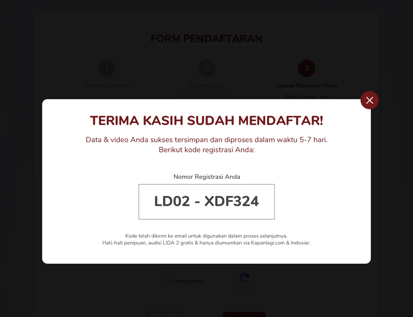 Setelah klik daftar maka akan muncul notifikasi seperti ini (credit: Kapanlagi.com/indosiar)