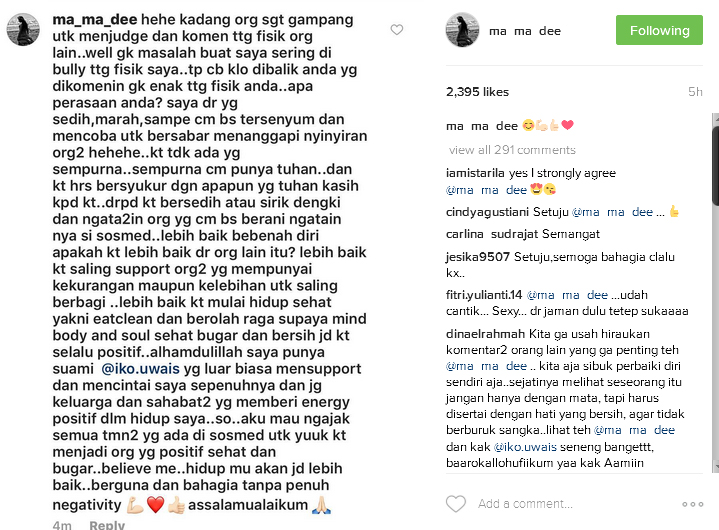 Curhat Audy tentang haters © Instagram/ma_ma_dee