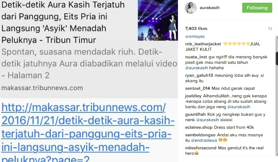 Aura Kasih ingat-ingat kejadian dirinya saat terjatuh © Instagram/aurakasih