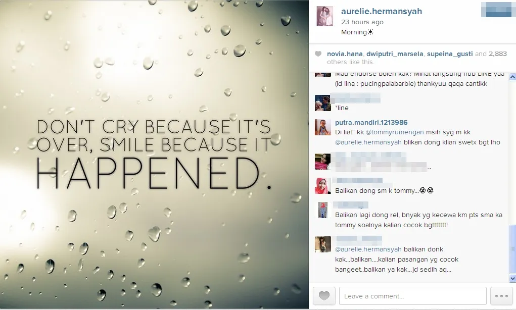 Aurel 'balas' postingan Tommy dengan ungkapan semangat dan bahagia? / Aurel Official Instagram