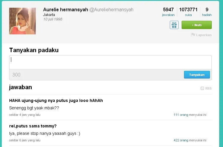 Di ask.fm Aurel menulis baru putus dari Tommy Rumengan. ©ask.fm Aurel