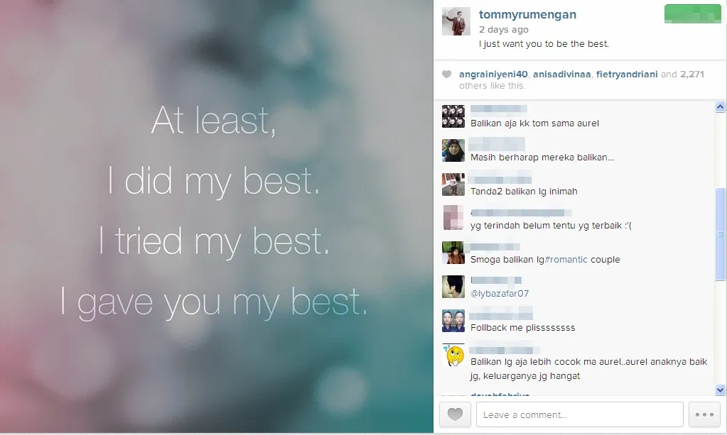 Tommy curhat dirinya sudah memberikan yang terbaik buat Aurel. / Tommy Official Instagram