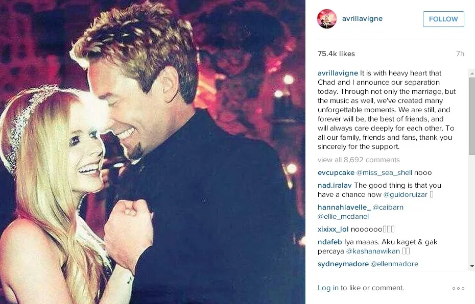 Inilah pengumuman perceraian Avril dan Chad © instagram.com/avrillavigne