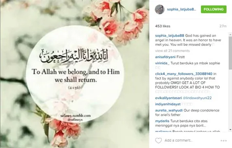 Ucapan duka Sophia Latjuba untuk kepergian ayah Ariel NOAH © Instagram.com/sophia_latjuba88