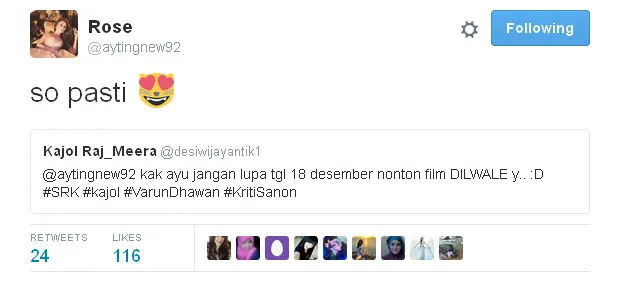 Ayu Ting Ting bakal nonton film 'DILWALE' © Twitter.com/aytingnew92