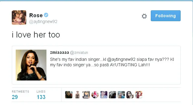 Shreya Ghoshal adalah penyanyi playback favorit Ayu Ting Ting © Twitter.com/aytingnew92