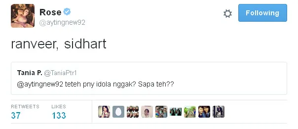 Ranveer Singh dan Sidharth Malhotra adalah aktor idola Ayu © Twitter.com/aytingnew92