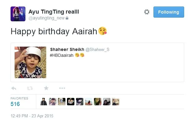Ayu Ting Ting ucapkan selamat ultah ke Aairah. @twitter/ayutingting92