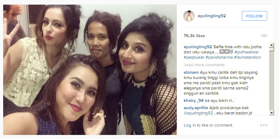 Ini dia adu cantik Ayu Ting Ting, Lavina dan Paridhi saat wefie © Instagram.com/ayutingting92