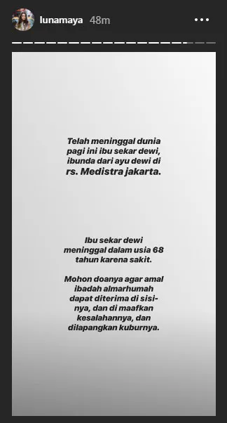 Kabar kematian ibu Ayu Dewi © Instagram.com/lunamaya (diambil pada 29/11/2018 pukul 11.30)