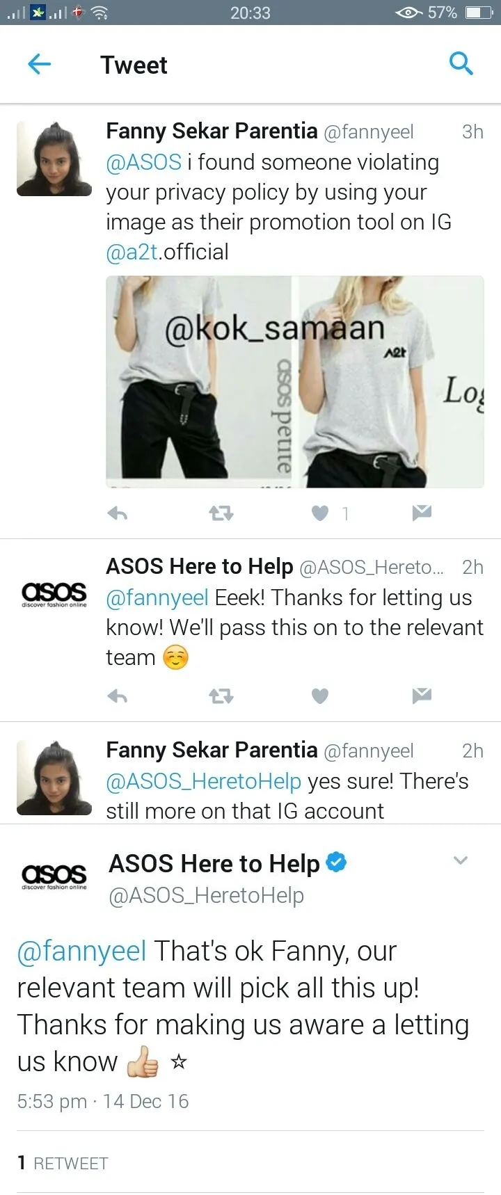 Brand milik Ayu Ting Ting dilaporkan oleh netizen. Štwitter @fannyeel+@ASOS_HeretoHelp