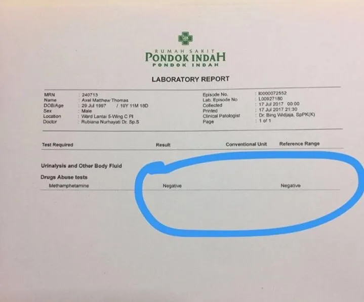 Valerie Thomas sempat share hasil tes urine kakaknya di RSPI melalui instastory. Hasil dalam tes tersebut menunjukkan Axel negatif narkoba. 姆nstagram.com/valeriethomas
