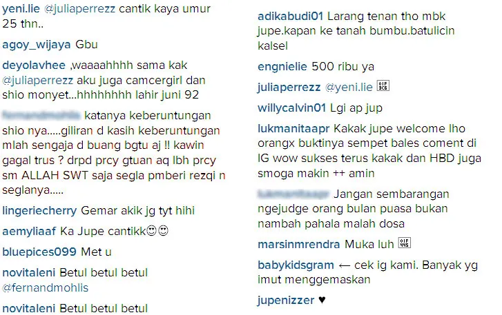 Komentar netizen @foto: Official Instagram Julia Perez