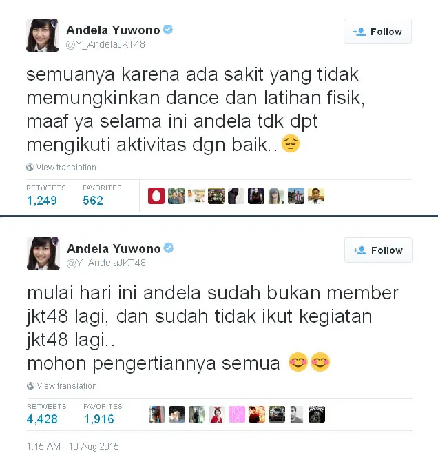 Pengunduran diri Andela Yuwono @foto: ©Twitter/Y_AndelaJKT48