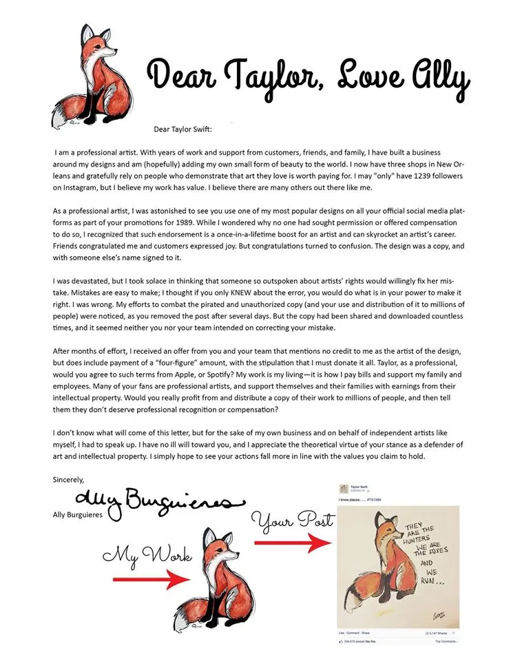 Surat protes Ally Burgieres untuk Taylor Swift © facebook.com/Ally Burguieres