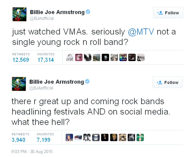 Komentar Bille Joe tentang MTV VMA 2015 © Twitter/BJAofficial