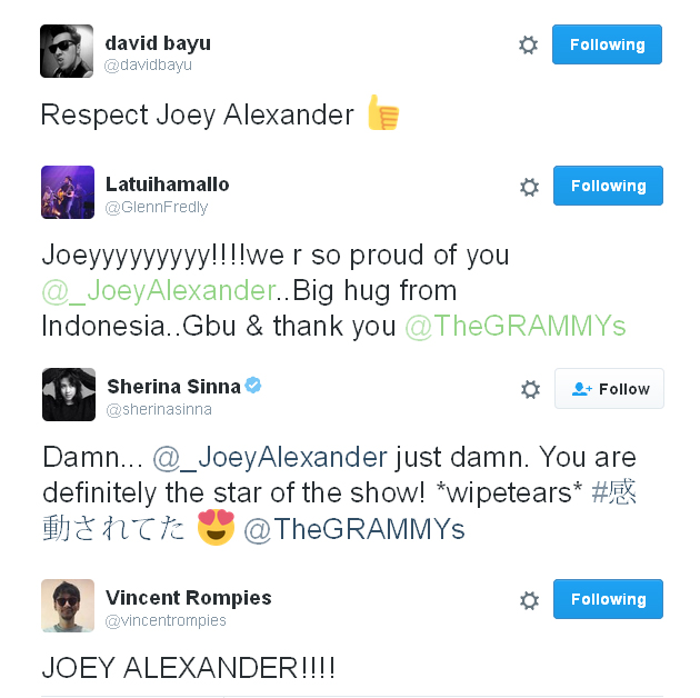 Pujian dari para musisi Indonesia untuk Joey Alexander © Twitter.com