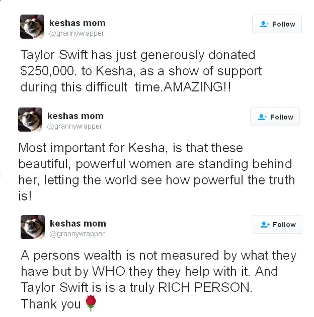 Ucapan terima kasih dari ibu Kesha untuk Taylor Swift © Twitter.com