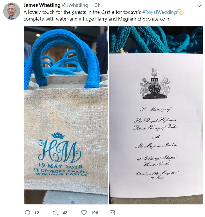 Goodie bag royal wedding Pangeran Harry dan Meghan Markle (credit: twitter.com/JWhatling)